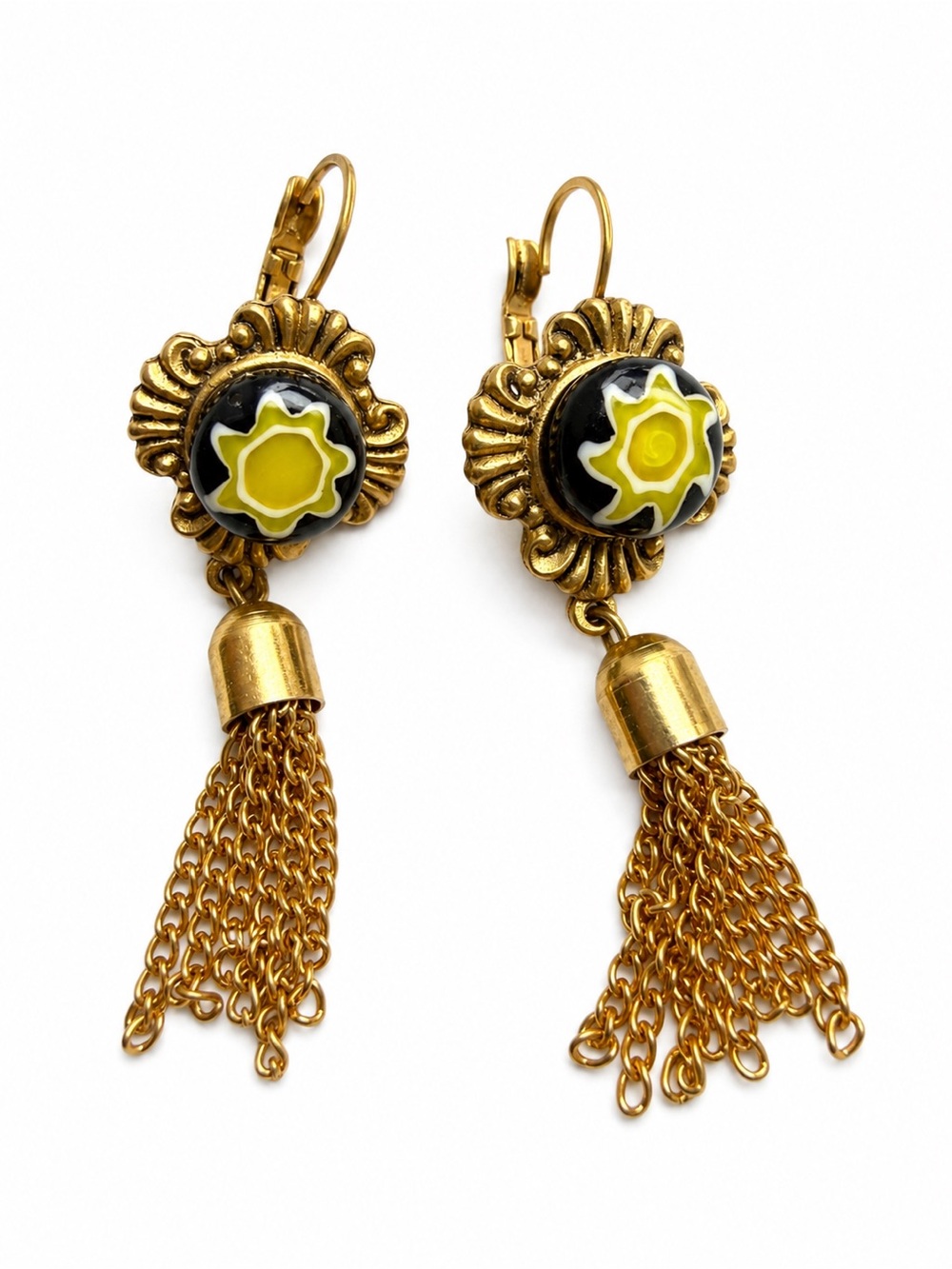 Vintage Gold-Tone Hand-Painted Glass & Chain Tassel Drop Earrings 80s